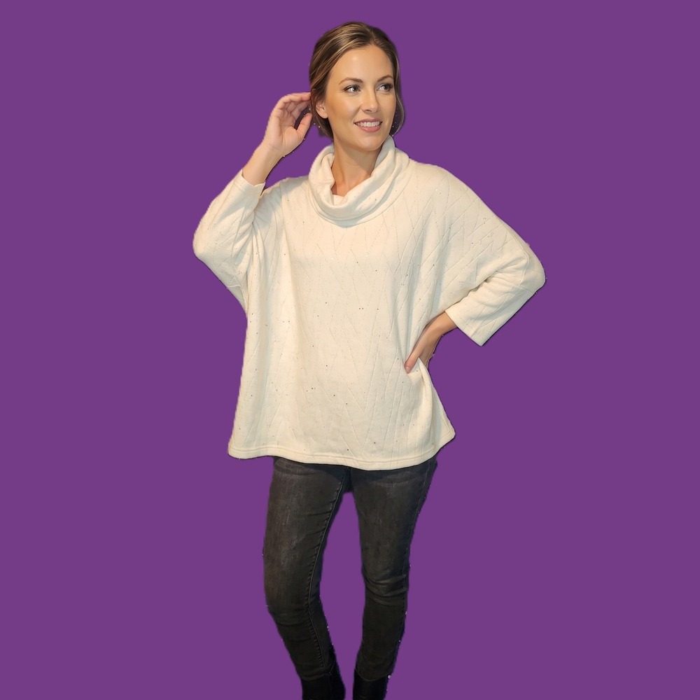 Boho Chic Women Cream Cowl Neck Shimmer Sequin Button Back Sweater Small